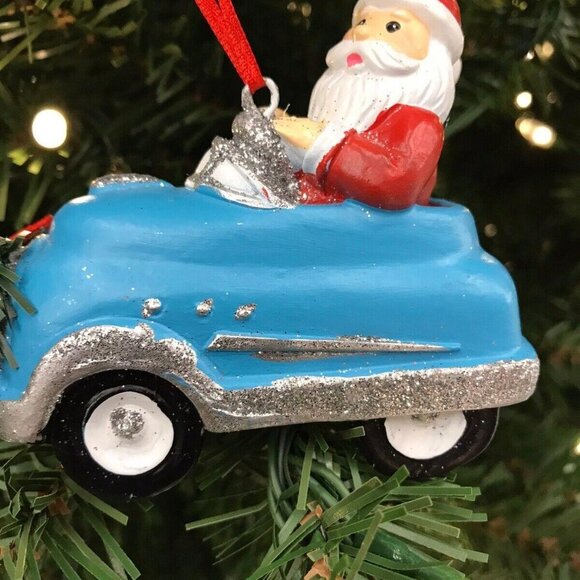 Santa Driving Blue & Silver Sports Car Christmas Tree Ornament Wreath Grill - Picture 7 of 9
